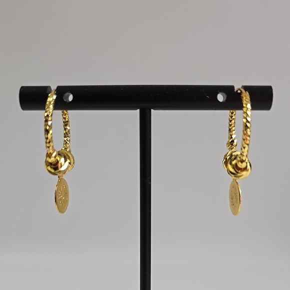 Vintage Dangle Hoop Earrings — Textured Beads & Coin Charms - Picture 2 of 5